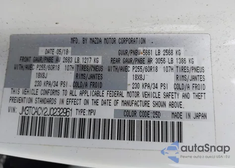 2018 Mazda Cx-9 Touring из США, поврежденный, VIN JM3TCACY2J0232961